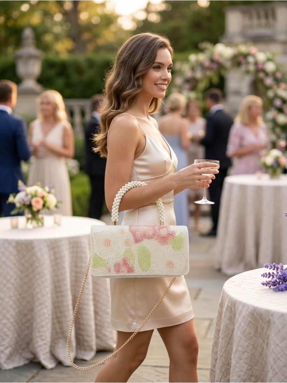 Pearl Floral Beaded Top-Handle Clutch in Cream and Pink